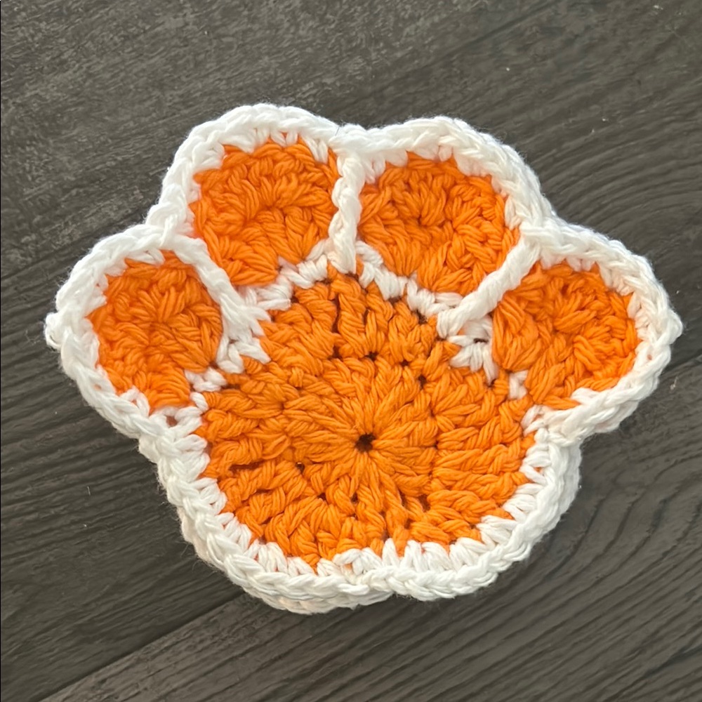 Handmade Crochet Clemson Paw Coaster- Set of 4